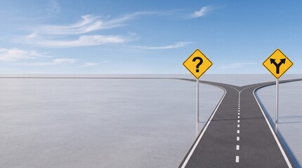 Fototapeta premium Asphalt road at a fork with yellow road signs showing a question mark and a split path, symbolic of decision making, business strategy, uncertainty, and life choices with large negative space.