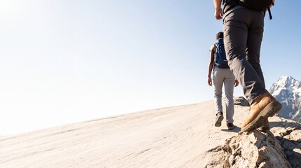 Fototapeta premium Low angle rear view of adventurous hikers trekking on a rocky mountain ridge toward snowy peaks under a clear sky, extreme sports lifestyle with large negative copy space on the left side.