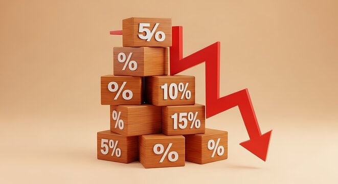 Wooden blocks with percentage signs and a red downward trending arrow