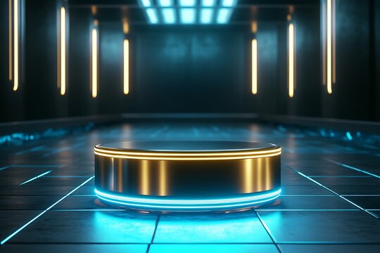 Futuristic golden circular product display stage with glowing blue lights in dark hall