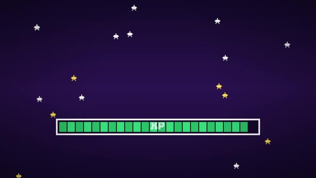 Level up 8 bit game animation with a filling XP bar and bouncing pixel coins