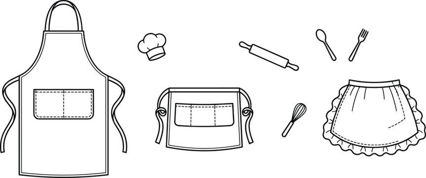 Kitchen apron and baking accessories line art vector collection featuring chef hat rolling pin utensils