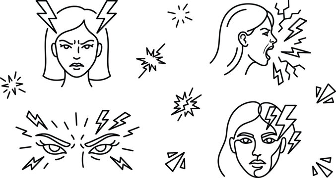 Stress and headache line art vector collection featuring angry screaming female facial expressions