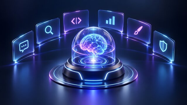 Glowing artificial intelligence brain inside digital dome surrounded by holographic interface screens representing centralized software ecosystem and data analytics