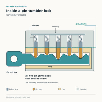 Pin tumbler lock with correct key and five aligned pin pairs