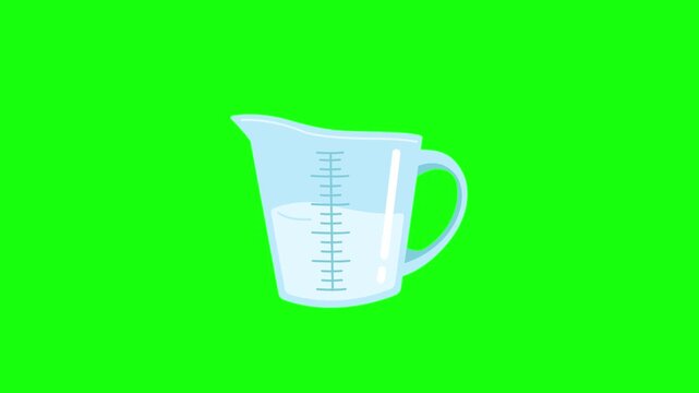vector illustration of a light blue liquid measuring cup filled with water, featuring measurement scale lines for baking