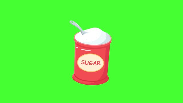 vector animated red container labeled "Sugar" filled with white sugar and a spoon resting inside