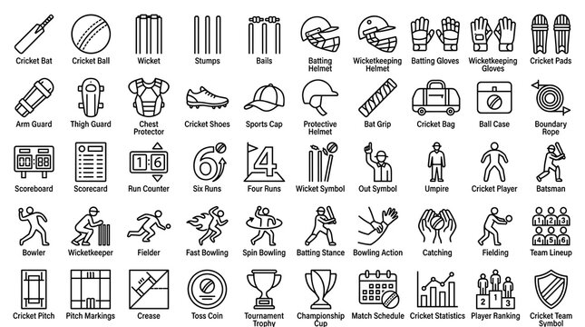 50 Cricket Editable Stroke Icons Featuring Bat Ball Wicket Helmet Gloves Player Equipment Sports Stats and Vector Symbols