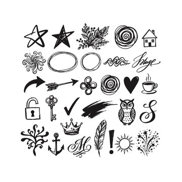 Set of hand drawn doodle icons isolated on transparent background