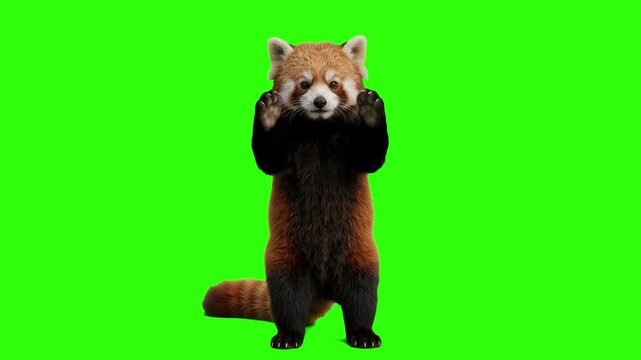 Cute red panda standing upright on two hind legs with paws raised in defense posture over a chroma key green background. Excellent for funny animal videos, wildlife conservation promos, zoo advertisin