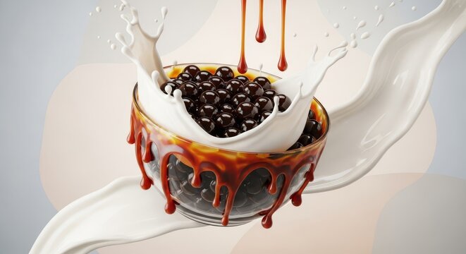 Lustrous boba pearls in a floating bowl with thick brown sugar glaze and vibrant milk splashes against a minimalist, modern background, clean, creamy, organic