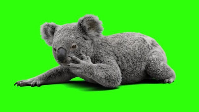 Cute fluffy koala bear lying down and resting over a chroma key green background. Ideal for Australian wildlife documentaries, zoo commercials, exotic animal promos, educational videos, and keyable vi