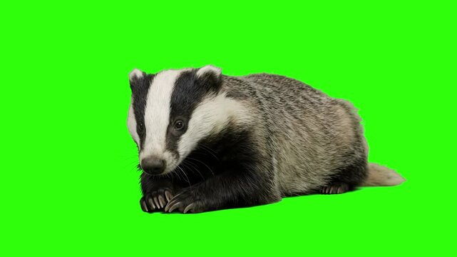 European badger lying down on the ground isolated on a chroma key green screen background. Ideal for forest wildlife documentaries, zoology education videos, nature promos, wild animal behavior guides