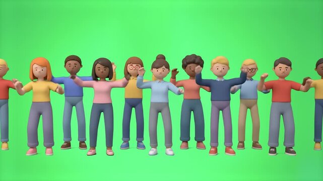 Group of diverse 3D cartoon people standing together and celebrating with raised hands over a chroma key green background. Excellent for teamwork explainer videos, crowd animation overlays, community 