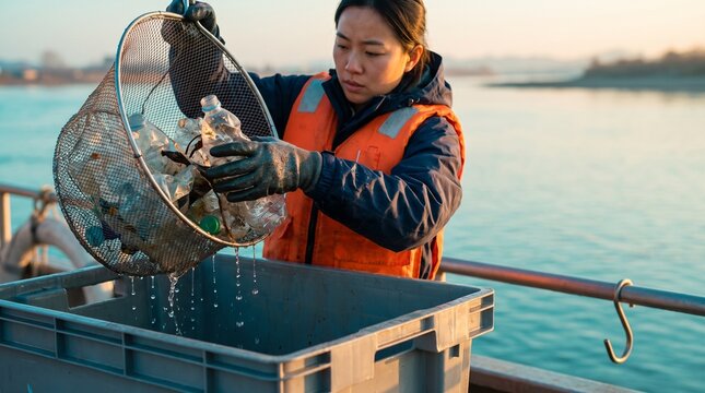 Cleanup worker lifts recovered bottles from river net