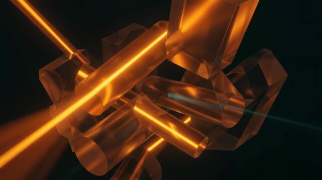Close-up 3D render of angled transparent glass blocks and cylinders illuminated by intense golden orange light against a dark background. Great for luxury branding backgrounds, tech promos, energy con