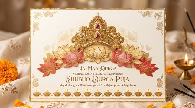 Shubho durga puja greeting card with golden crown and lotus
