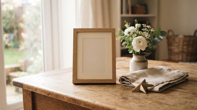 Empty wooden picture frame on rustic table with flowers