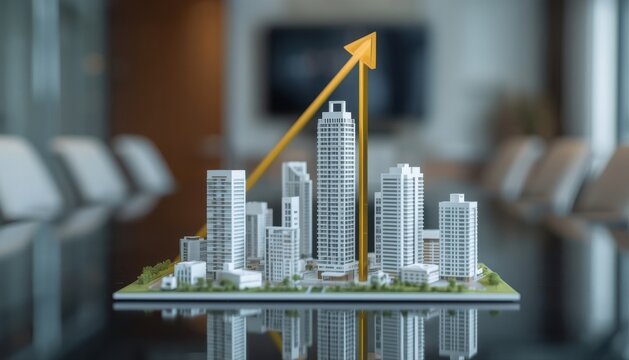 Miniature model of modern city skyscrapers with a large rising arrow signifying real estate growth business growth property development urban architecture financial success skyscrapers