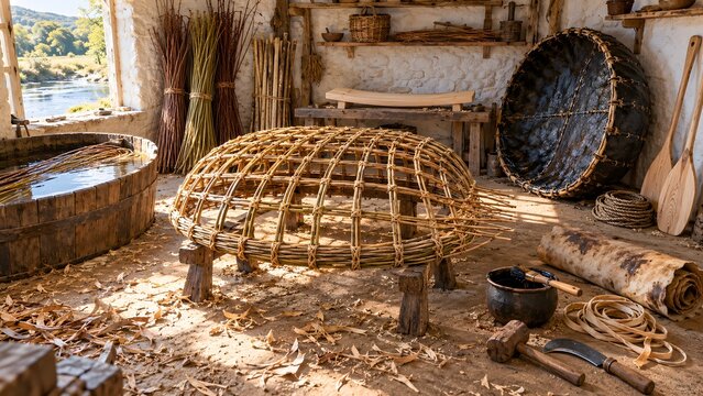 Coracle builders workshop with a woven willow boat frame on trestles soaking rods and a pitch pot