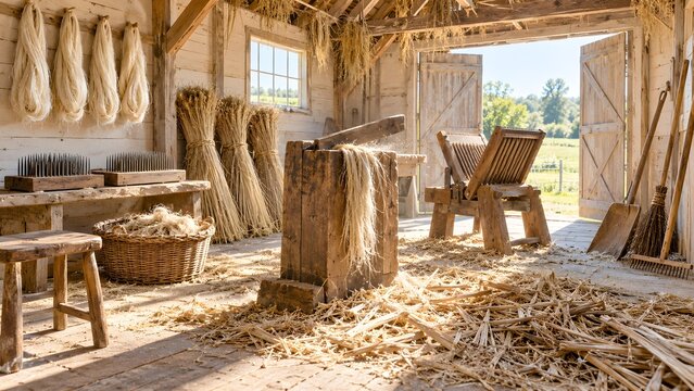 Flax scutching shed with a scutching board and knife retted flax sheaves heckling combs and pale fibre hanks