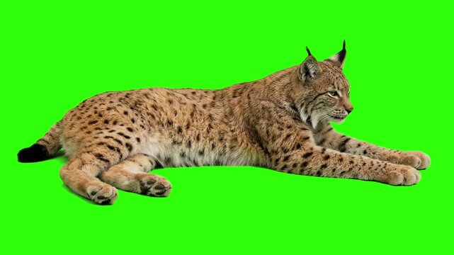 Wild Eurasian lynx cat lying down on the ground isolated on a chroma key green screen background. Perfect for nature documentaries, forest wildlife conservation promos, zoo commercials, wild feline gu