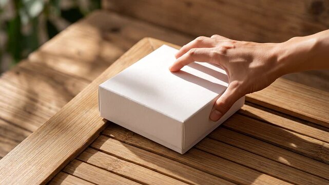 Small white box mockup on wooden table in sunlight