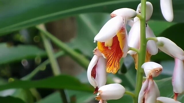 A macro close-up shot of the exquisite Cardamom Ginger flower, or False Cardamom (Scientific name: Alpinia mutica), using a smooth pan right shot. 