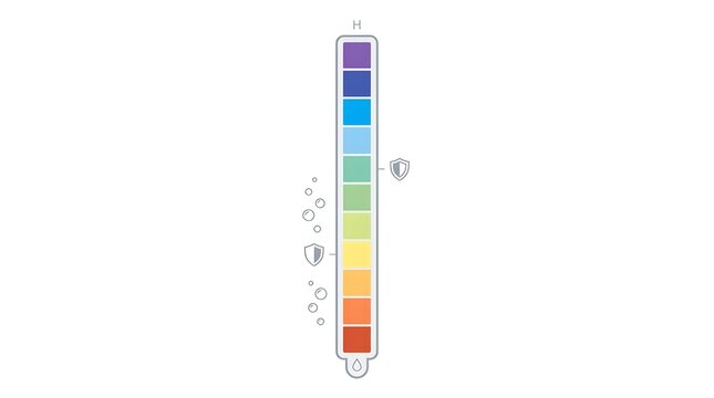 Water quality test strip with color chart indicator and pH scale levels.