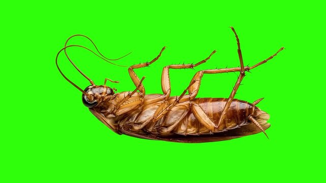 Macro shot of a brown cockroach lying upside down on its back over a chroma key green background. Excellent for pest control commercials, exterminator service ads, bug infestation explainers, horror f