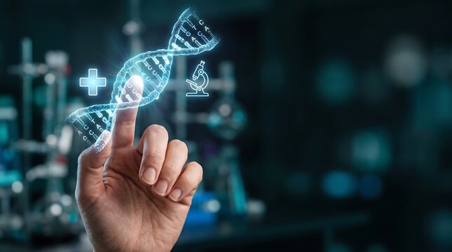 Human hand touching a digital holographic representation of DNA strand structure