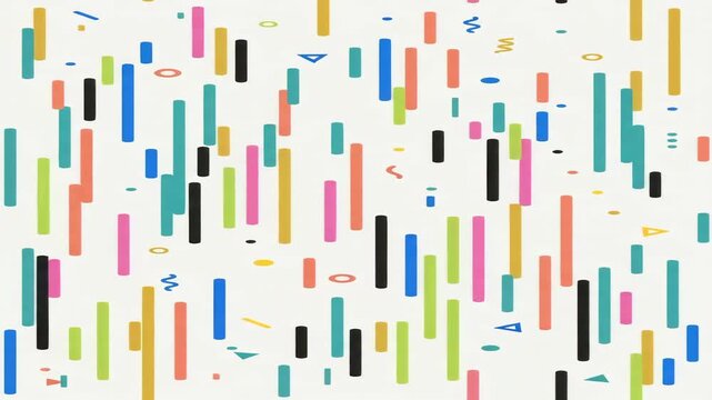 Animated abstract vertical colorful stripes and playful geometric memphis shapes moving on a clean white background. Perfect for modern fashion promos, artistic branding videos, intro title cards, cre