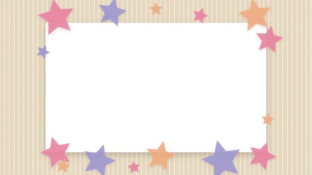 Gift box opening into blank greeting card frame with pastel stars
