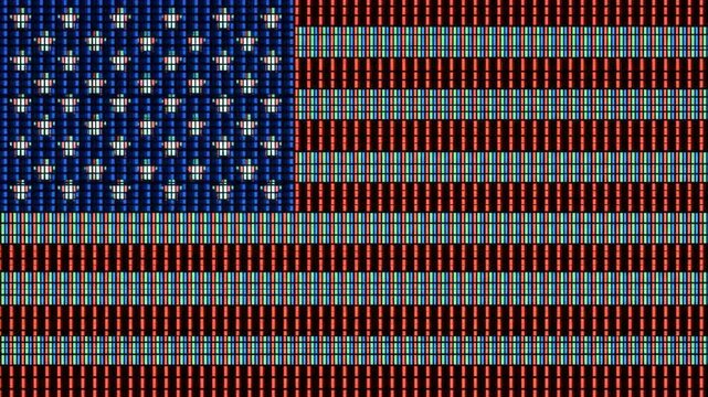 USA American national flag pattern rendered on a retro pixelated CRT monitor screen grid texture. Ideal for US political broadcasts, 4th of July celebrations, election news coverage, retro tech promos