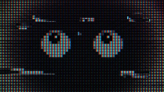 Animated pixelated cartoon eyes looking around in the dark rendered on a retro CRT display pixel grid background. Great for digital surveillance promos, spyware explainers, hidden monitoring clips, cr