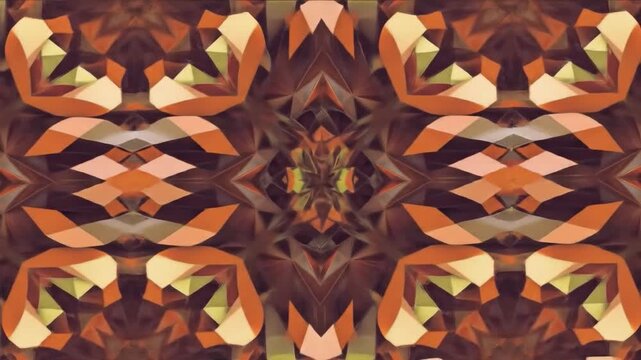 An abstract symmetrical pattern with geometric shapes in orange and brown tones creating a kaleidoscope effect