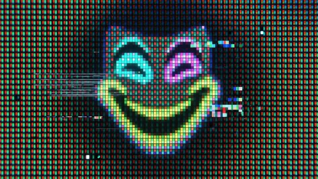 Colorful smiling mask graphic with glitch digital distortion on a pixelated CRT monitor screen texture over a dark background. Excellent for cyber culture videos, theater promos, vaporwave visuals, gl