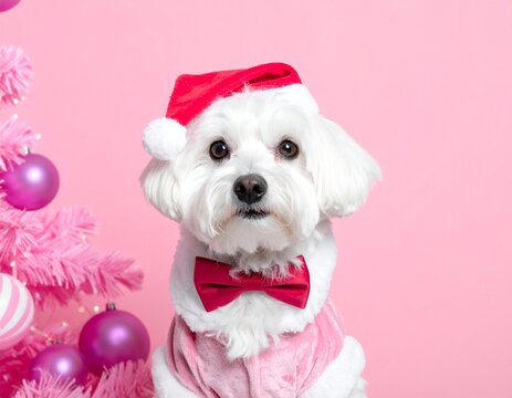 White dog in pink christmas outfit next to pink bacground copys space
