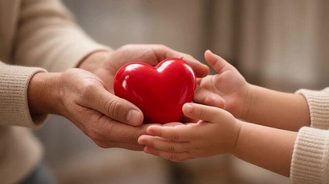 Adult and child hands holding a red heart shape together representing love charity and family support