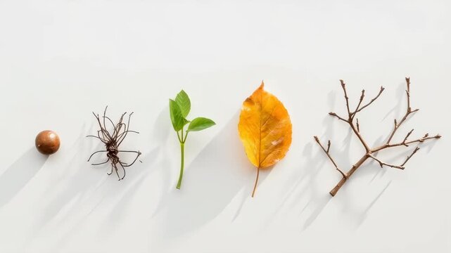 Brown Seed Dried Root Green Leaf Orange Leaf Botanical Collection on White Background