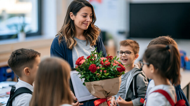 Female teacher receiving a framed class photograph from her students on Teachers' Day, surrounded by smiling children, heartwarming school moment, realistic photography, , student
