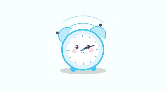 Cute blue cartoon alarm clock ringing on a light background