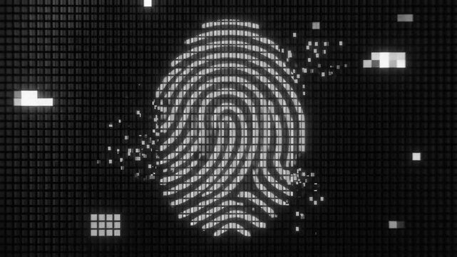 Animated white pixelated digital fingerprint scan rendered on a retro CRT display pixel grid background. Ideal for biometric authentication technology, cybersecurity promos, retro digital identity ver