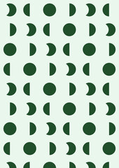 Abstract pattern with repeating dark green moon phases and circles on a light green background. © Dave Maulana Ferros