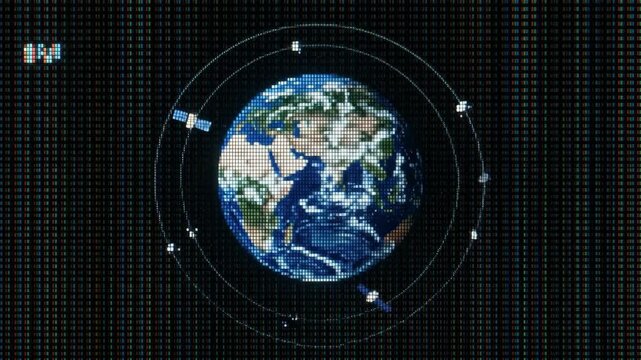3D model illustration of planet Earth with orbiting communications satellites rendered on a pixelated CRT monitor display texture over a black background. Excellent for space technology videos, global