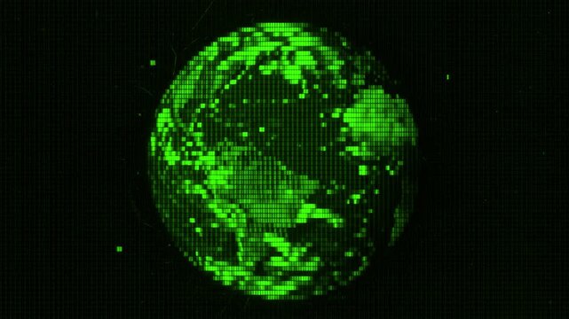 Abstract 2D vector digital Earth globe rendered in a green pixelated matrix grid with CRT monitor texture isolated over a dark black background. Great for cybersecurity commercials, global technology 