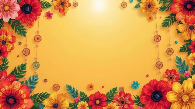 Colorful Floral Border with Yellow Background, Flower and Leaf Decoration, Hanging Garland and Copy