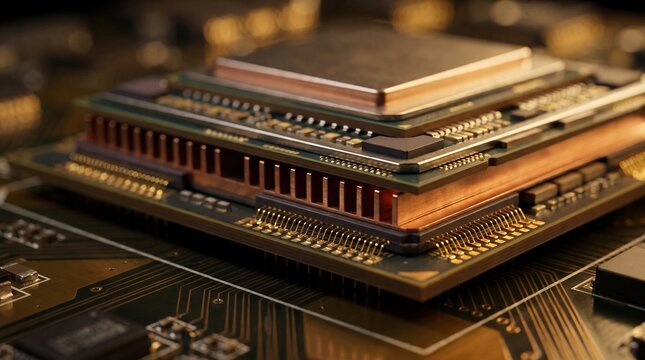 Multi layered modern microchip processor architecture with complex cooling fins and metallic elements