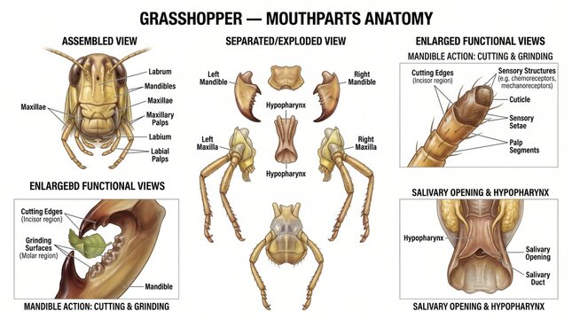 Educational diagram of grasshopper mouthparts anatomy