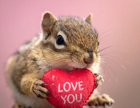 А little baby squirrel on a pink bacground holding a plush heart with the text I love you, valentine day concept
